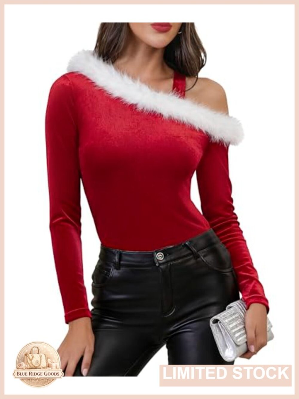 Off Shoulder Velvet Fur Trim Christmas Sweater Top Long Sleeve Pullover